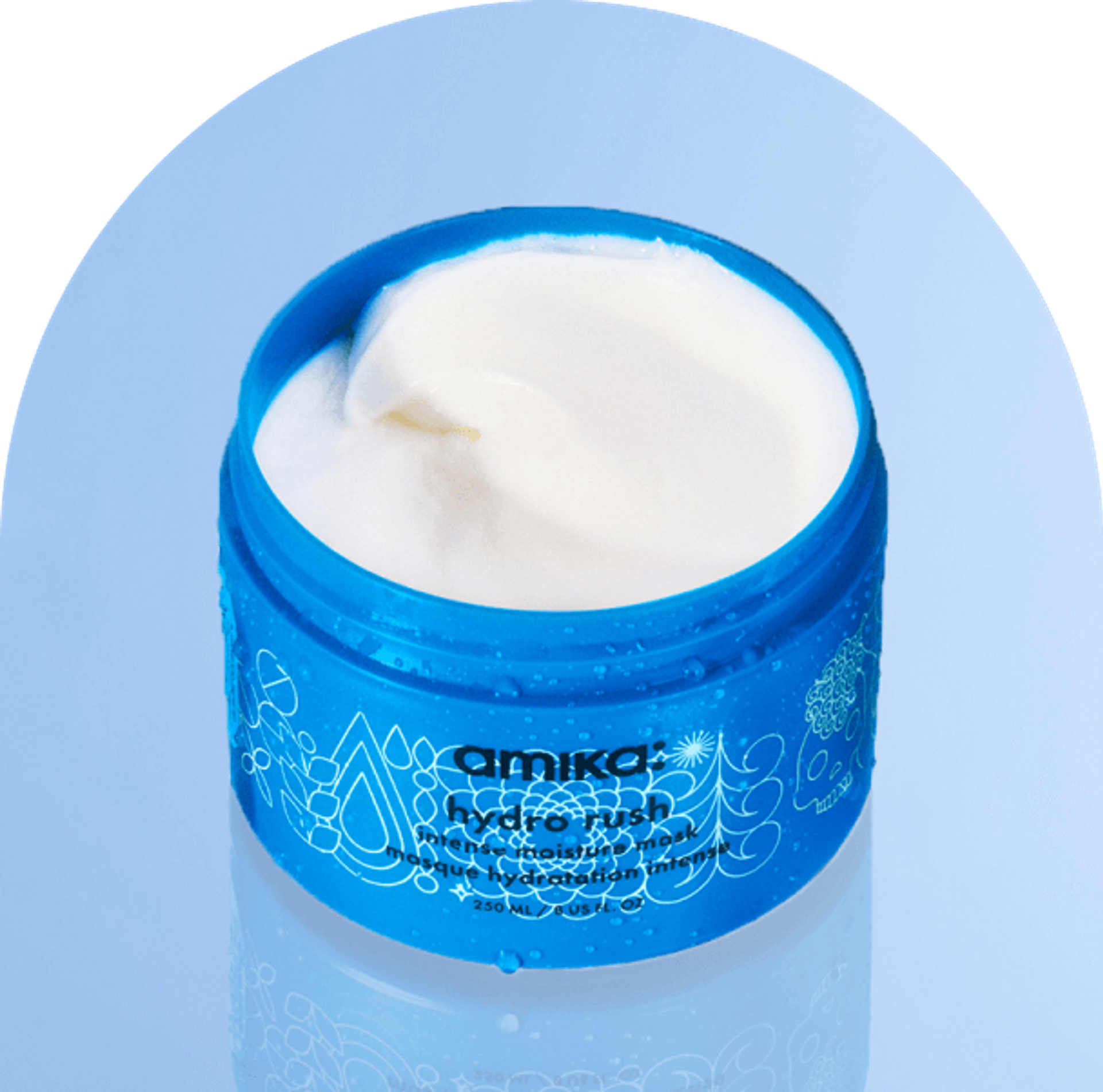 amika hydro rush mask against a light blue background