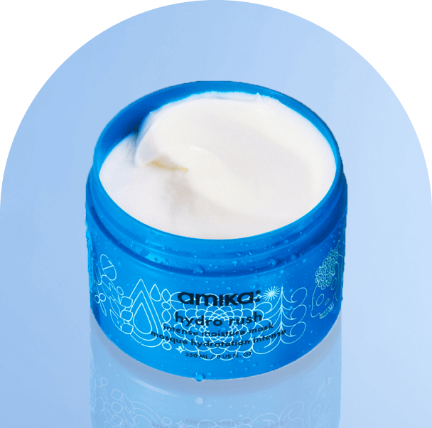 amika hydro rush mask against a light blue background