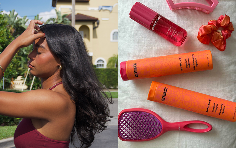 split image for the 'how to prevent static hair' blog, includes model and signature amika products