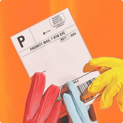 Image of a priority mail shipping label against an orange background