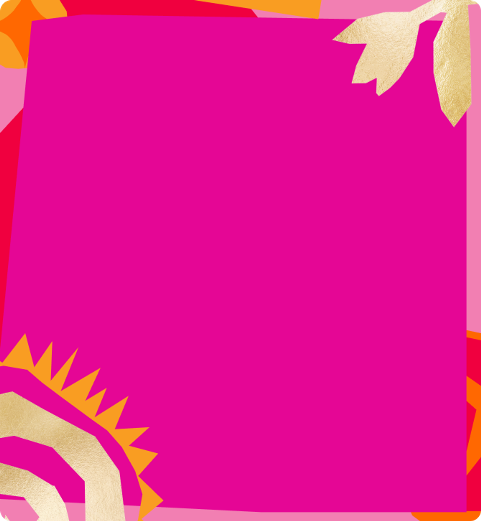 a bright pink box with a patterned border and abstract flower and sun shapes in pink, yellow, and gold