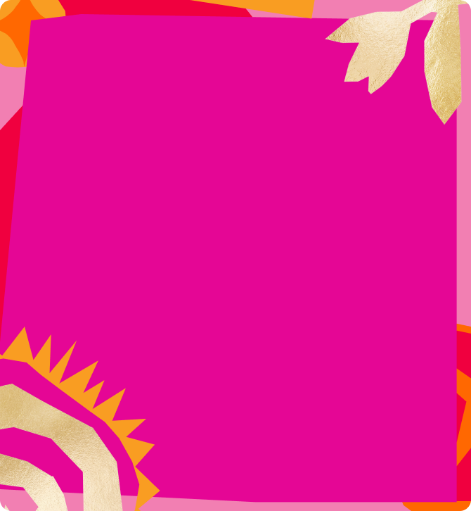 a bright pink box with a patterned border and abstract flower and sun shapes in pink, yellow, and gold