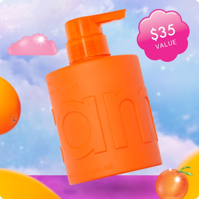 image of amika's hand wash floating in a whimsical background with floating sea buckthorn berries. A sticker reads "$35 value"