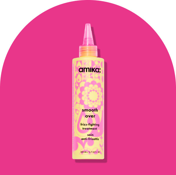 Image of the smooth over frizz-fighting treatment against a hot pink background.