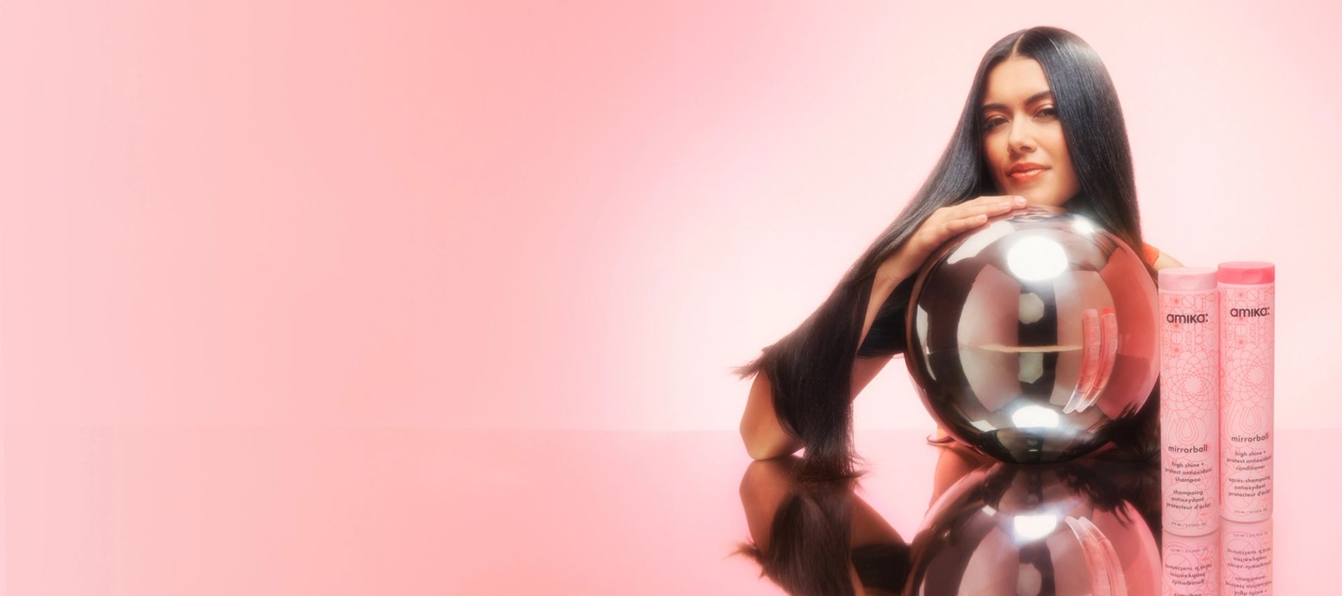 model with mirrorball high shine + protect antioxidant shampoo and conditioner