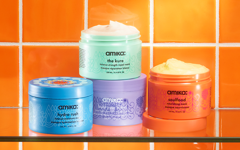 image of amika's hydrating masks. image features the kure intense strength repair mask 8 fl. oz, hydro rush intense moisture mask 8 fl. oz, bust your brass toning + strengthening mask 8 fl. oz, and the soulfood nourishing mask 8 fl. oz.