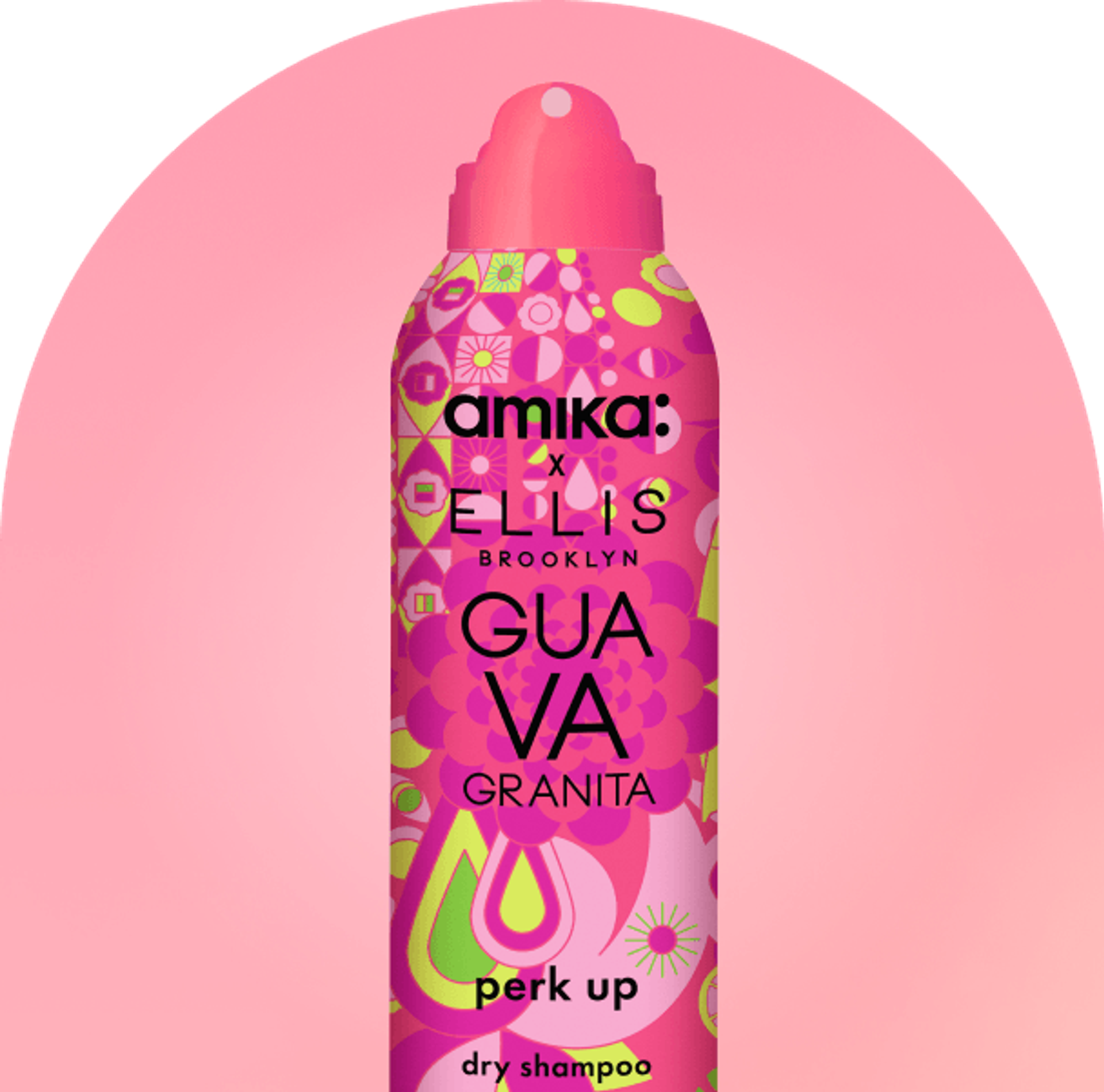 amika perk up Ellis Brooklyn limited-edition Guava Granita bottle against a pink background