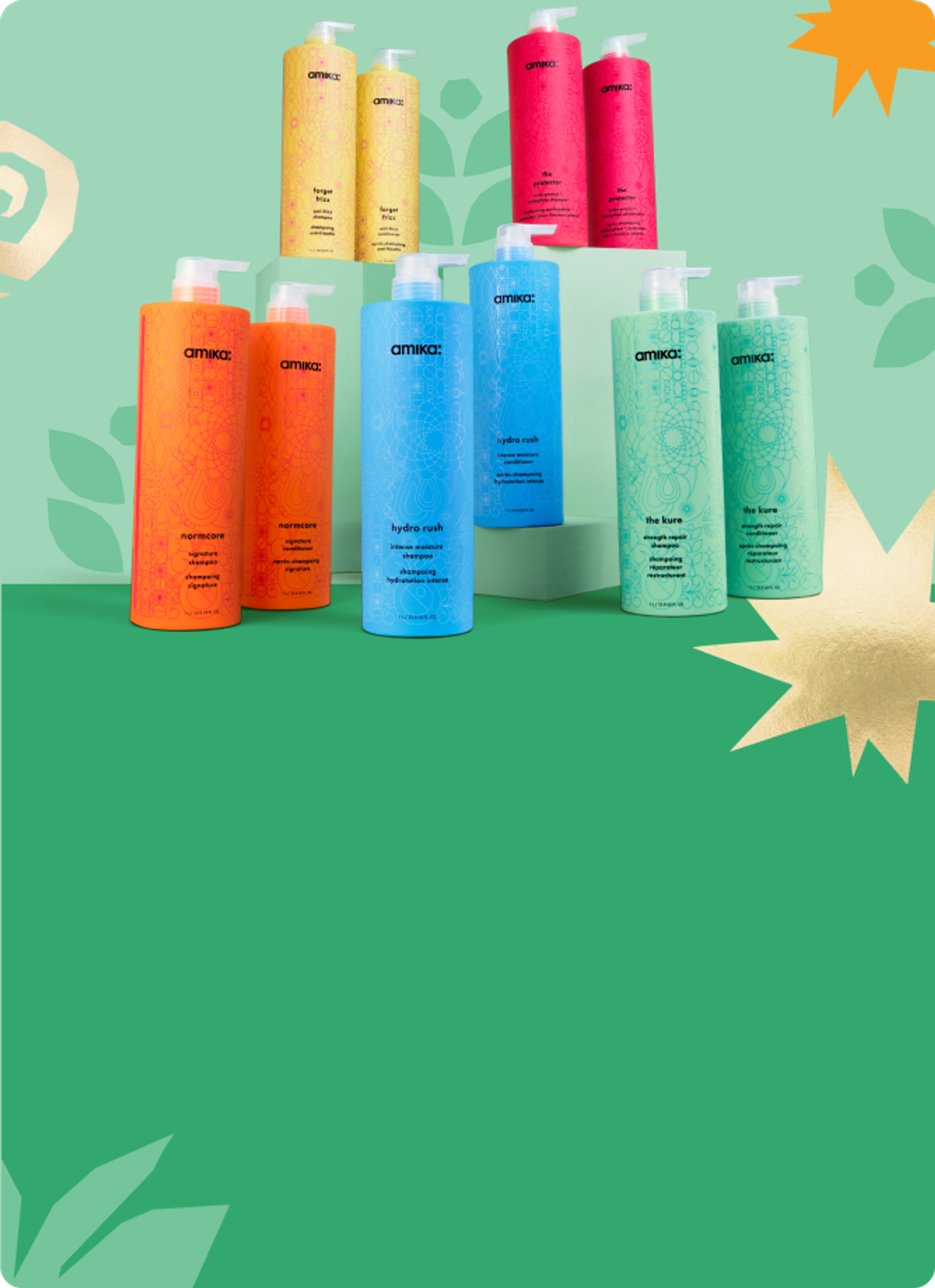 amika liter-sized bottles of shampoo and conditioner arranged against a light green and darker green patterned background