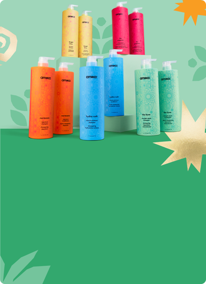 amika liter-sized bottles of shampoo and conditioner arranged against a light green and darker green patterned background