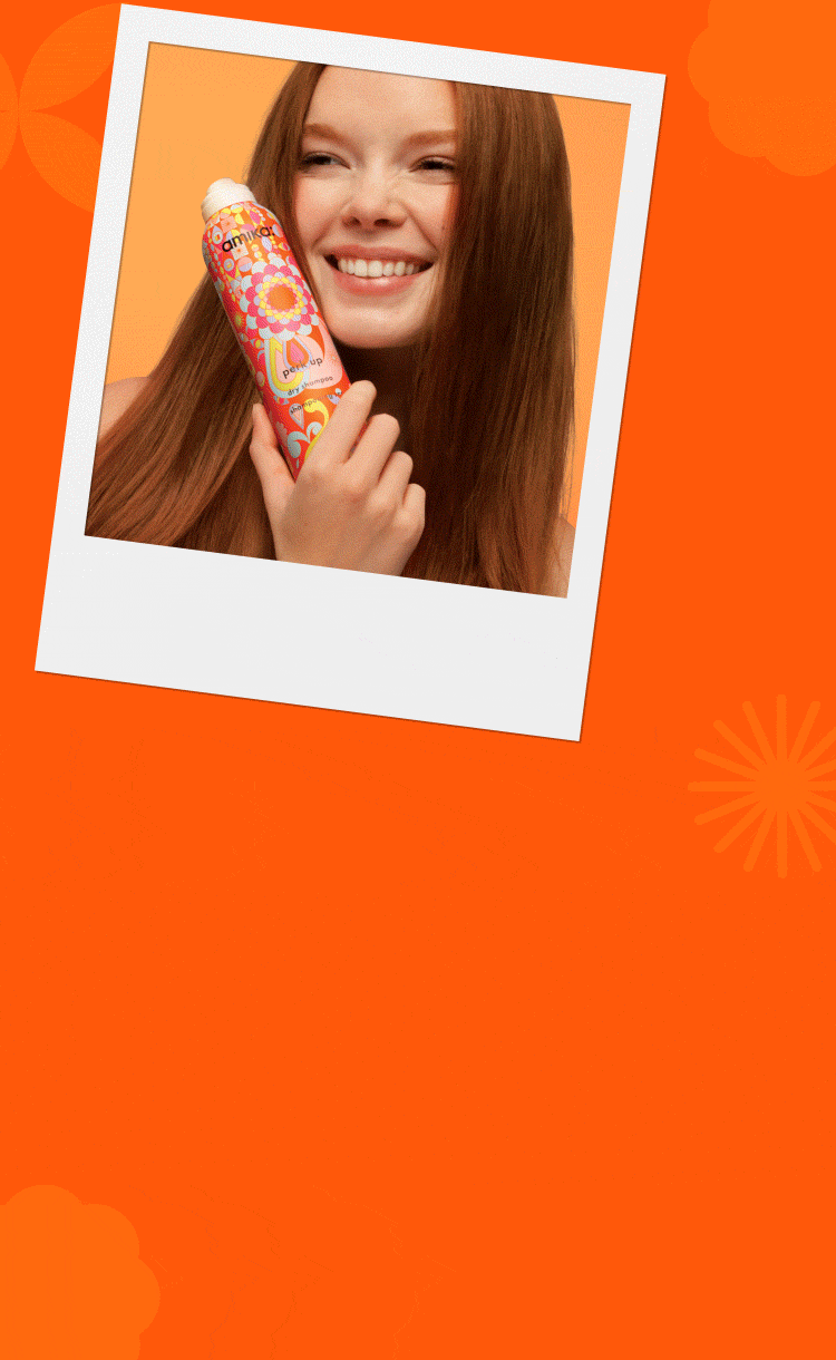 rotating gif of polaroid-style images of models holding amika products against an orange background with some lighter orange icons on it.