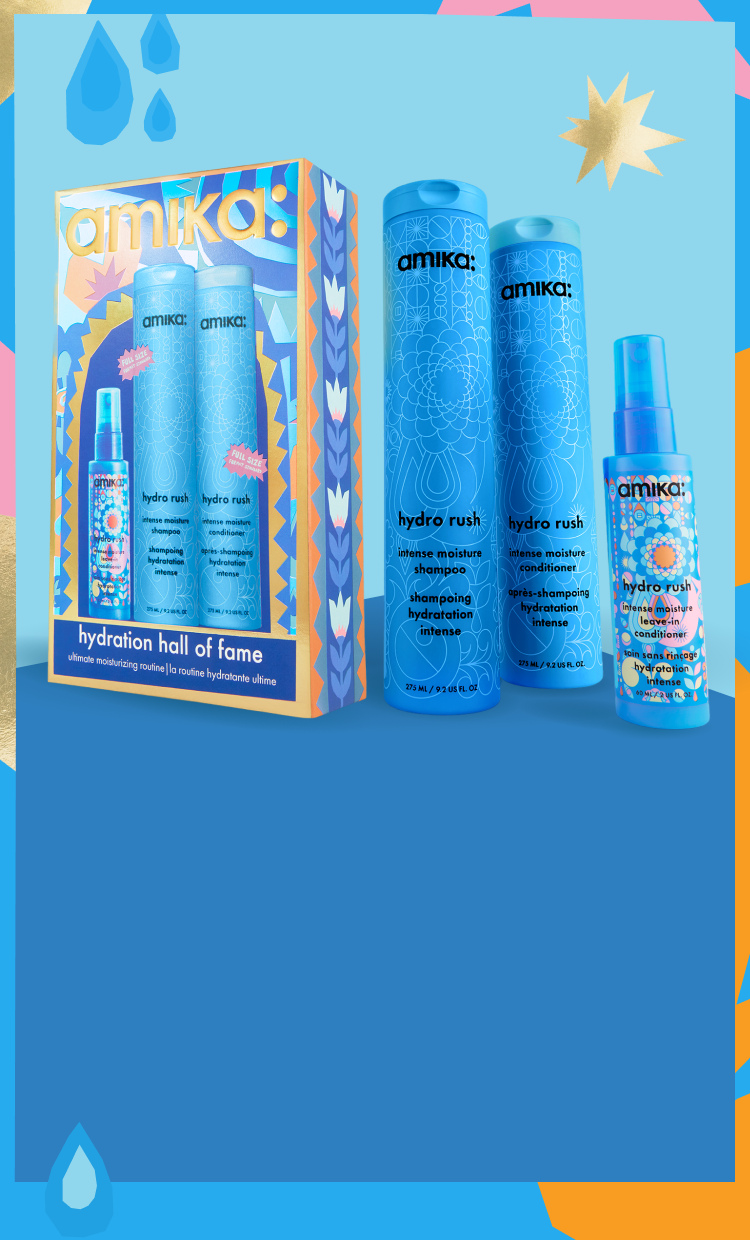 amika hydration hall of fame gift set box and products that are included- hydro rush shampoo, conditioner, and leave-in conditioner against a blue background. a pastel patterned border is around the image