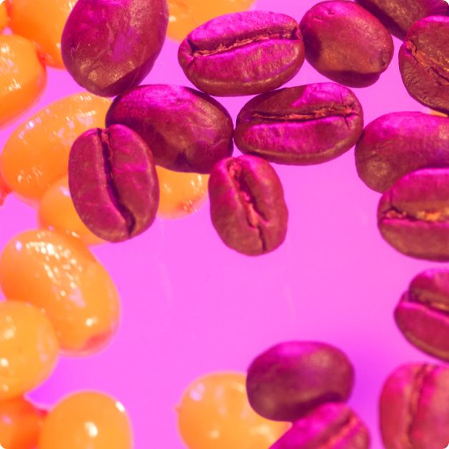 a close-up image of coffee beans and sea buckthorn berries - two ingredients featured in amika's new volume products: big hit shampoo + conditioner, and rising star finishing spray