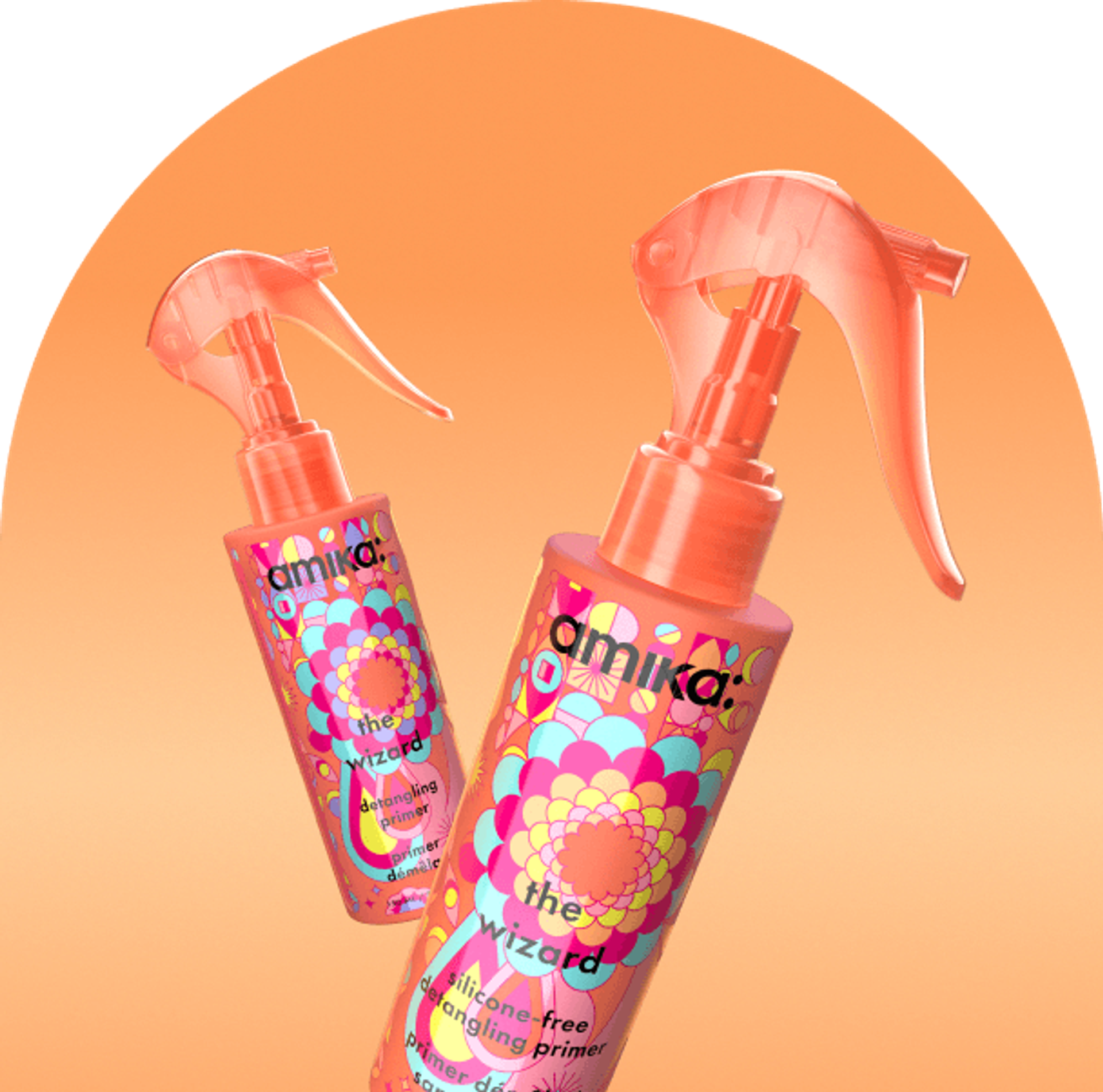 bottles of amika the wizard float against an orange background