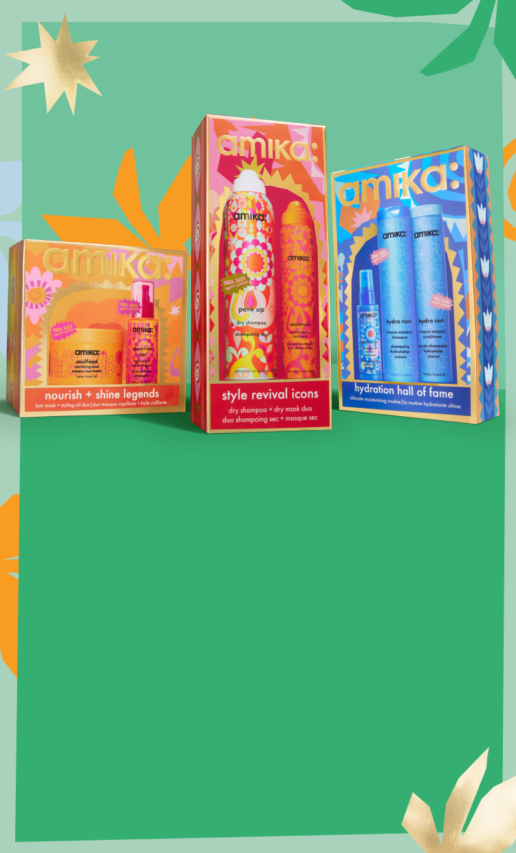 3 amika haircare holiday gift sets sit against a green background and a pastel border with shapes