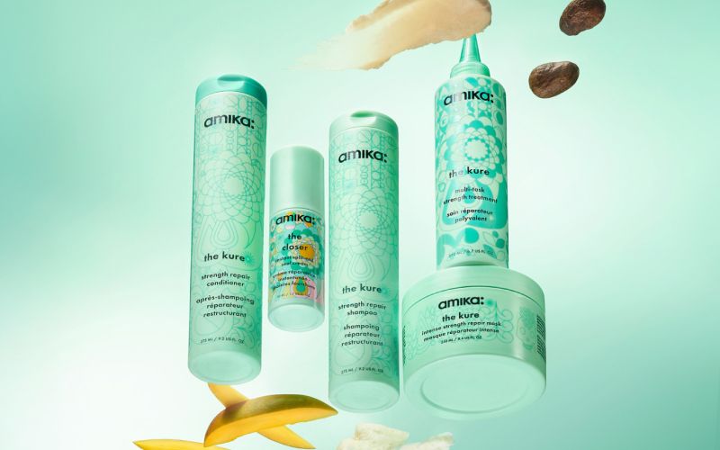 amika kure collection products with ingredients against a light green background