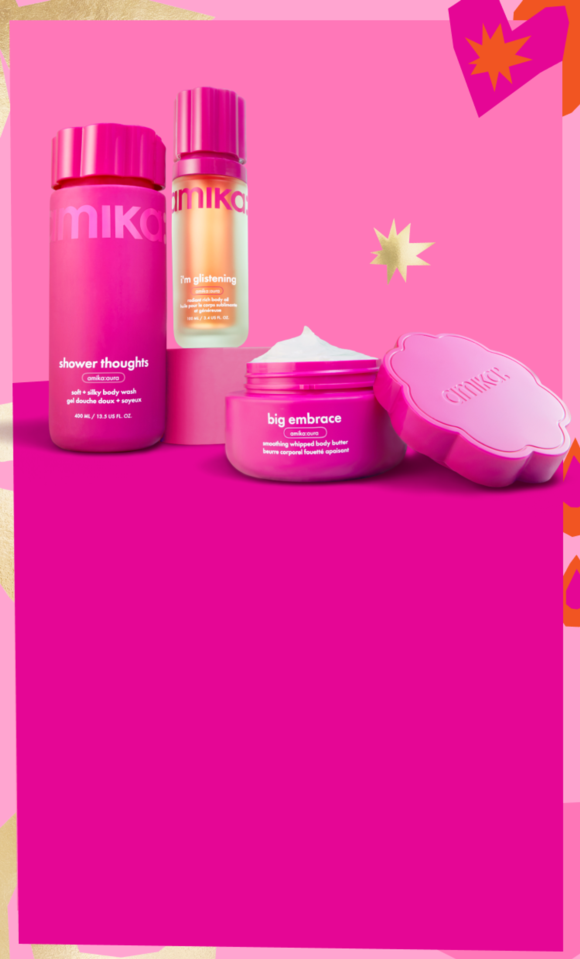 amika body products sit against a dark and light pink background with a pastel patterned border. a gold starburst is in the pink background and a dark pink heart is in the top right corner