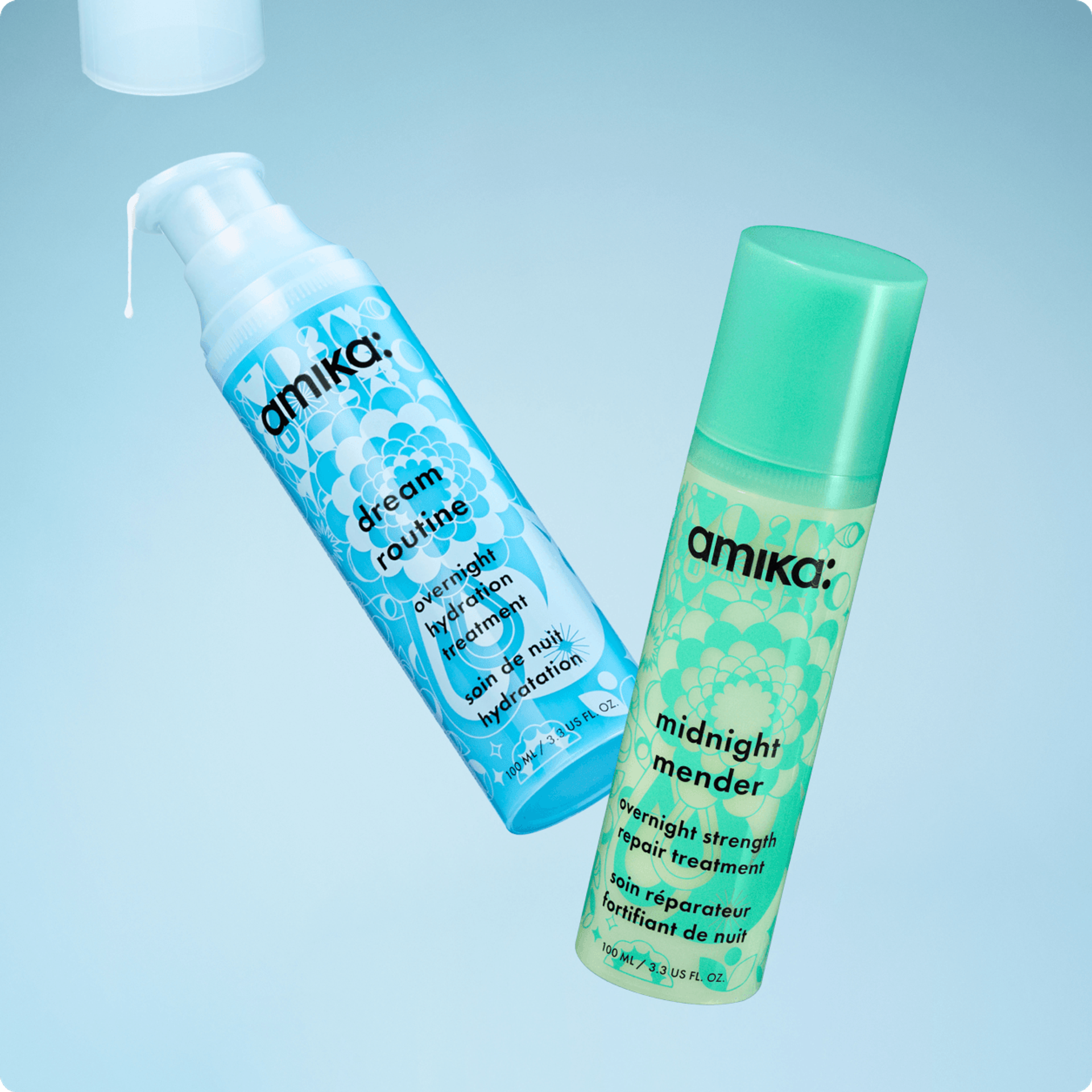 floating bottles of amika dream routine and midnight mender