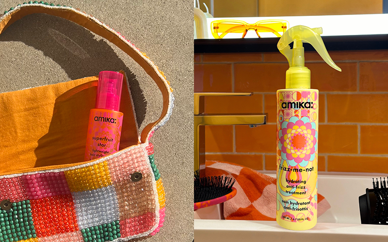 on the left, amika superfruit star oil peeks out from a beaded purse. on the right, amika frizz-me-not treatment sits on a sink.
