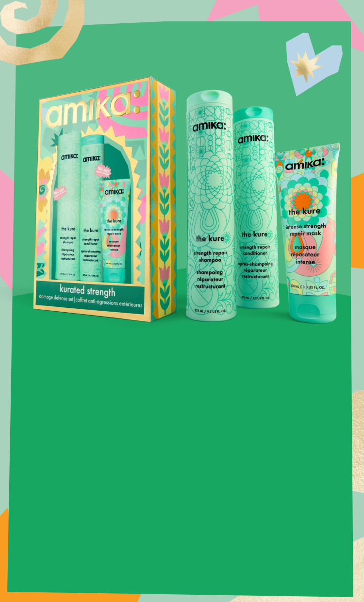 amika kurated strength haircare gift set with a bottle of the kure mask and bottles of the kure shampoo and conditioner. they are set against a green background and a patterned pastel border