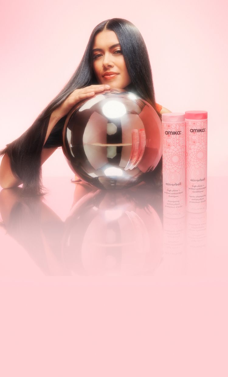 model with mirrorball high shine + protect antioxidant shampoo and conditioner