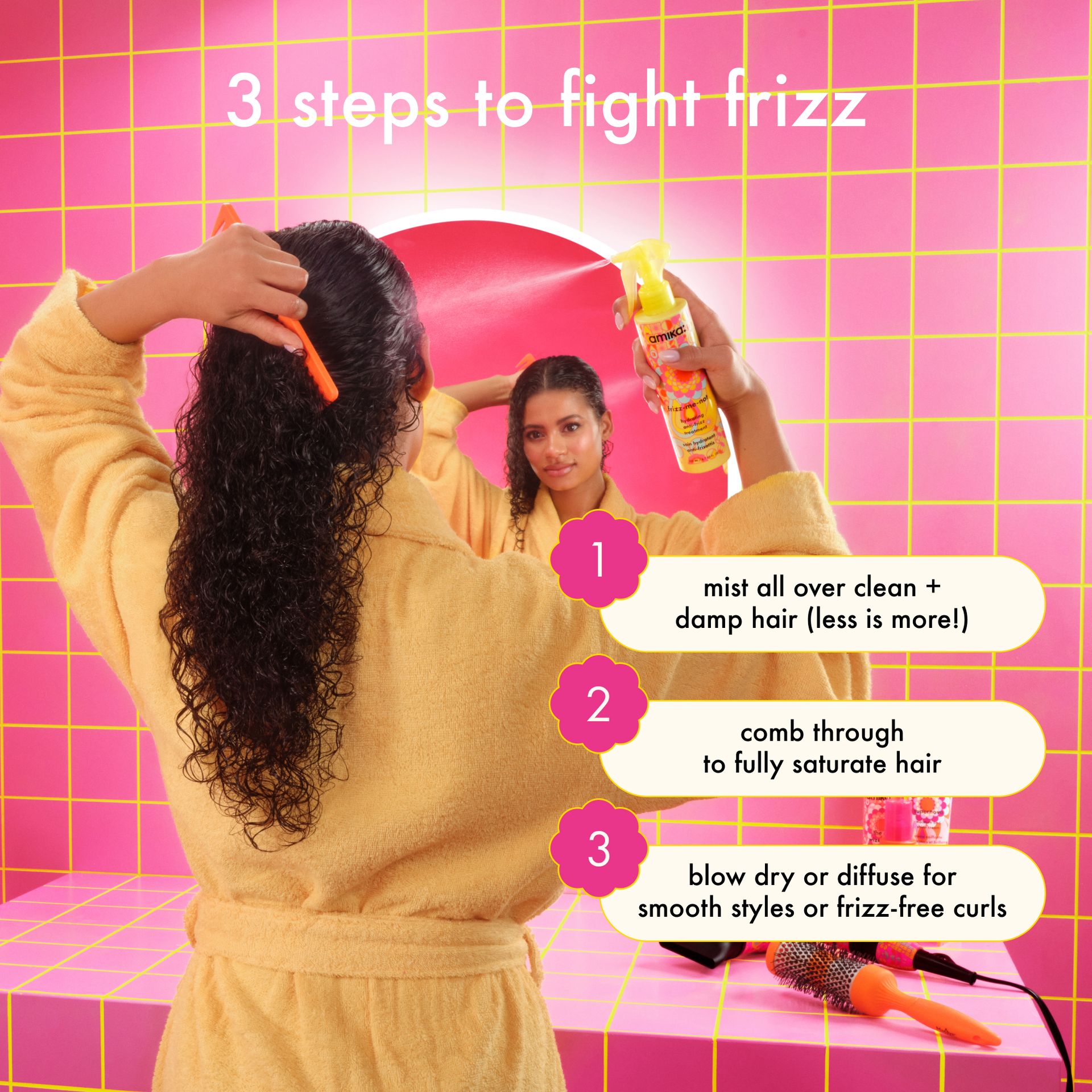 image of a model using frizz-me-not on their curly hair. text reads: "3 steps to fight frizz. 1. mist all over clean + damp hair. 2. comb through to fully saturate hair. 3. blow dry or diffuse for smooth styles or frizz-free curls."