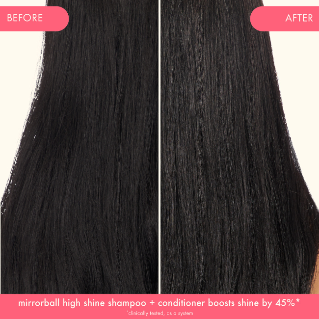 model shown on left with hair unretouched before using mirrorball shampoo and conditioner and model shown on right with hair styled after using mirrorball shampoo and conditioner