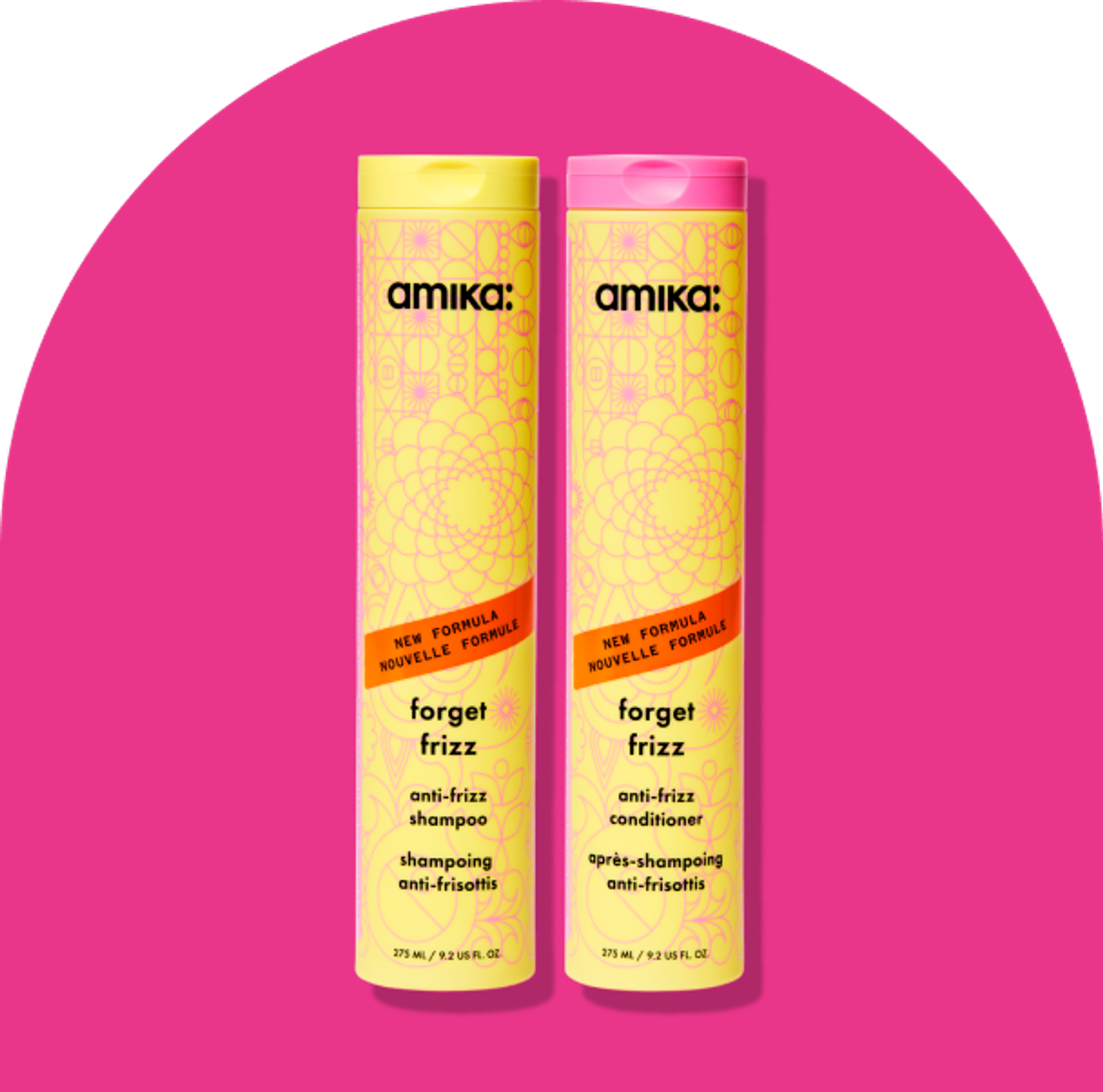 Image of the forget frizz shampoo and conditioner against a hot pink background.