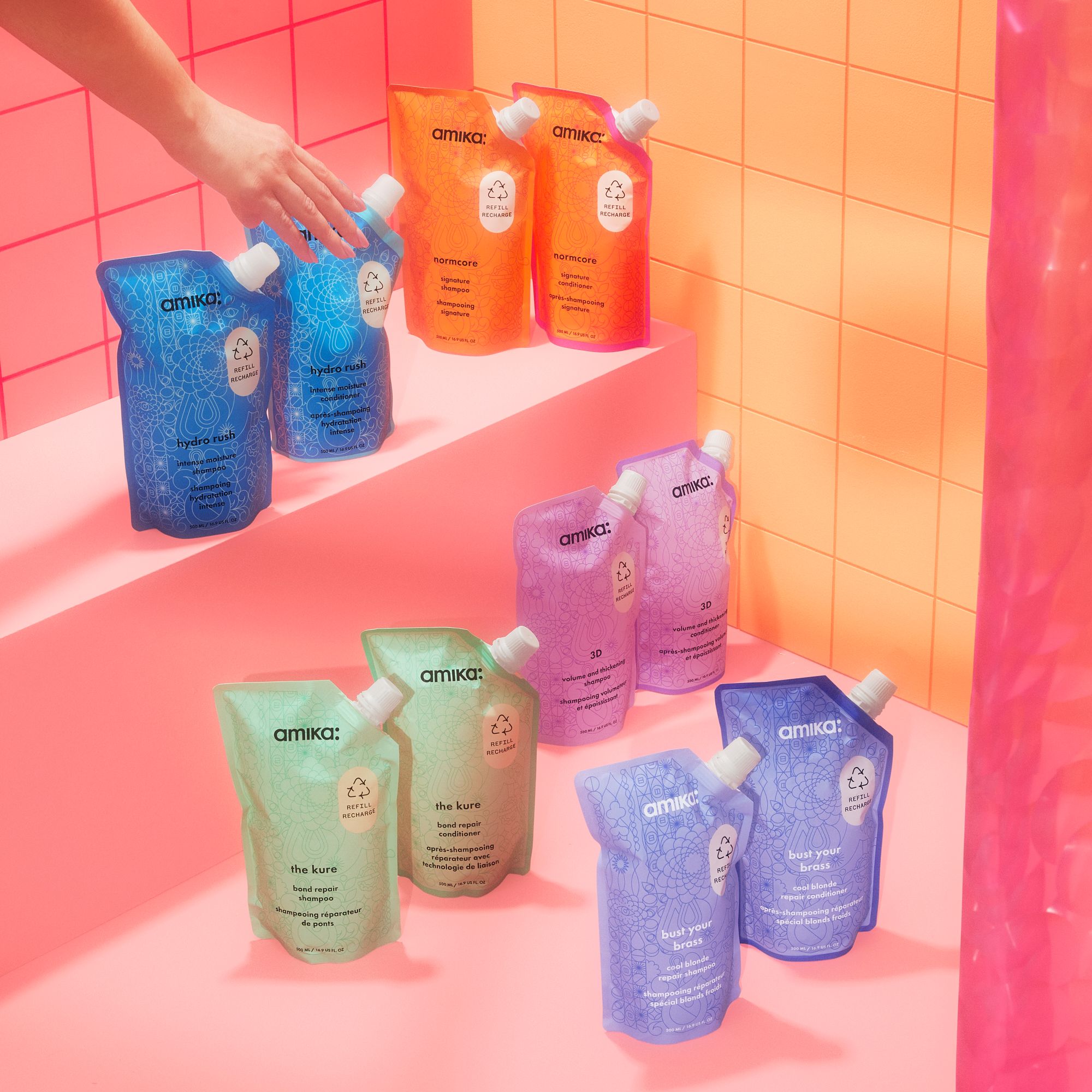 amika refill pouches of shampoo and conditioner