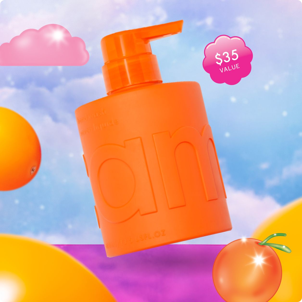 image of amika's hand wash floating in a whimsical background with floating sea buckthorn berries. A sticker reads "$35 value"