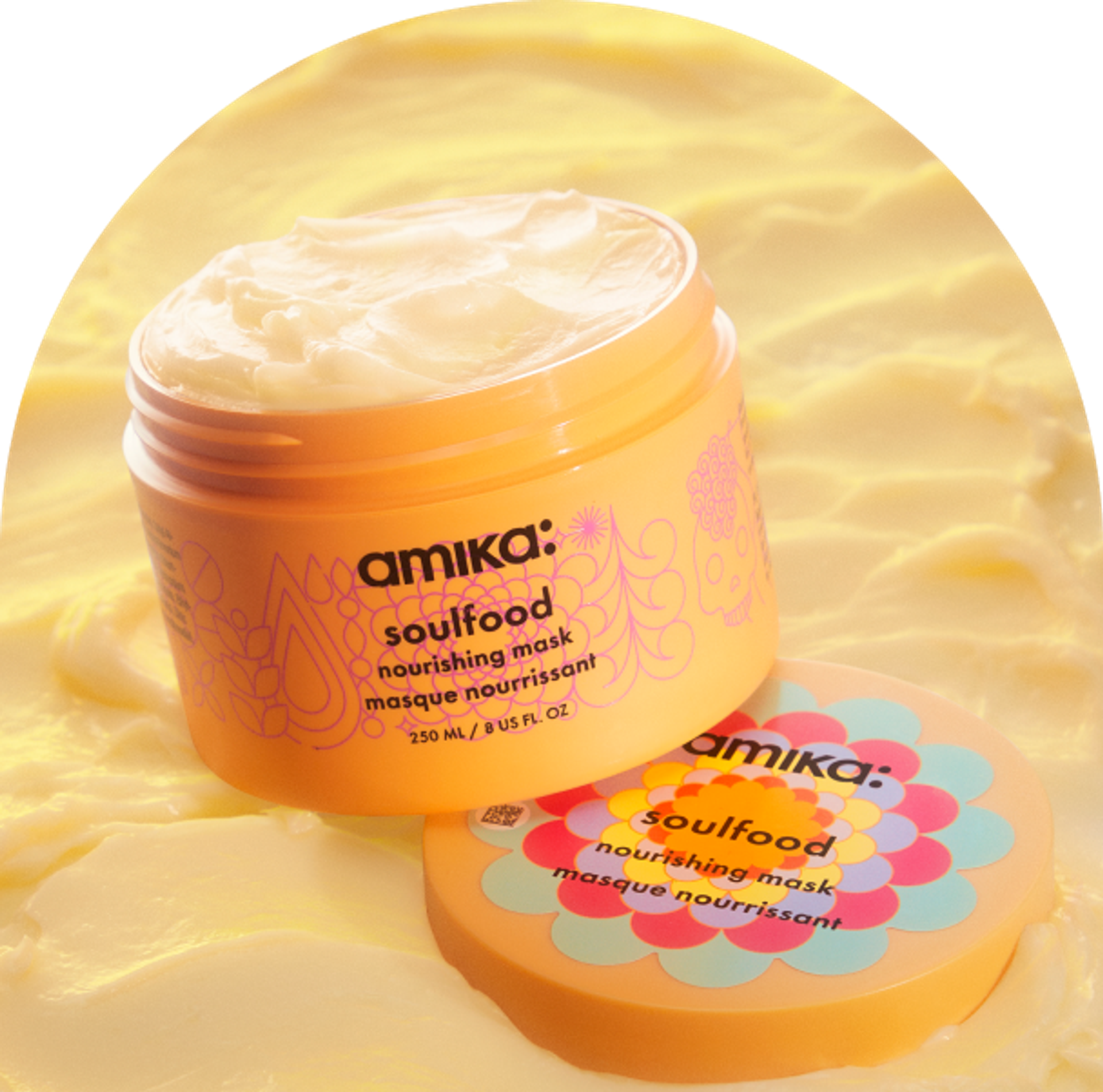 image of a jar of amika soulfood nourishing hair mask with the lid off