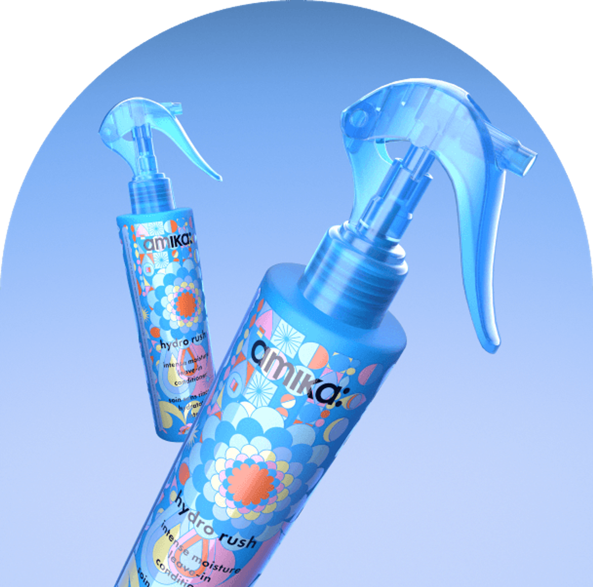 bottles of amika hydro rush leave-in conditioner float against a blue background