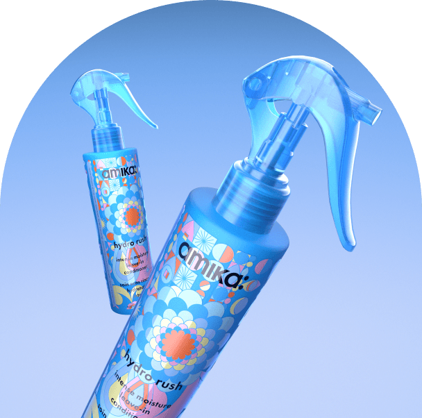 bottles of amika hydro rush leave-in conditioner float against a blue background