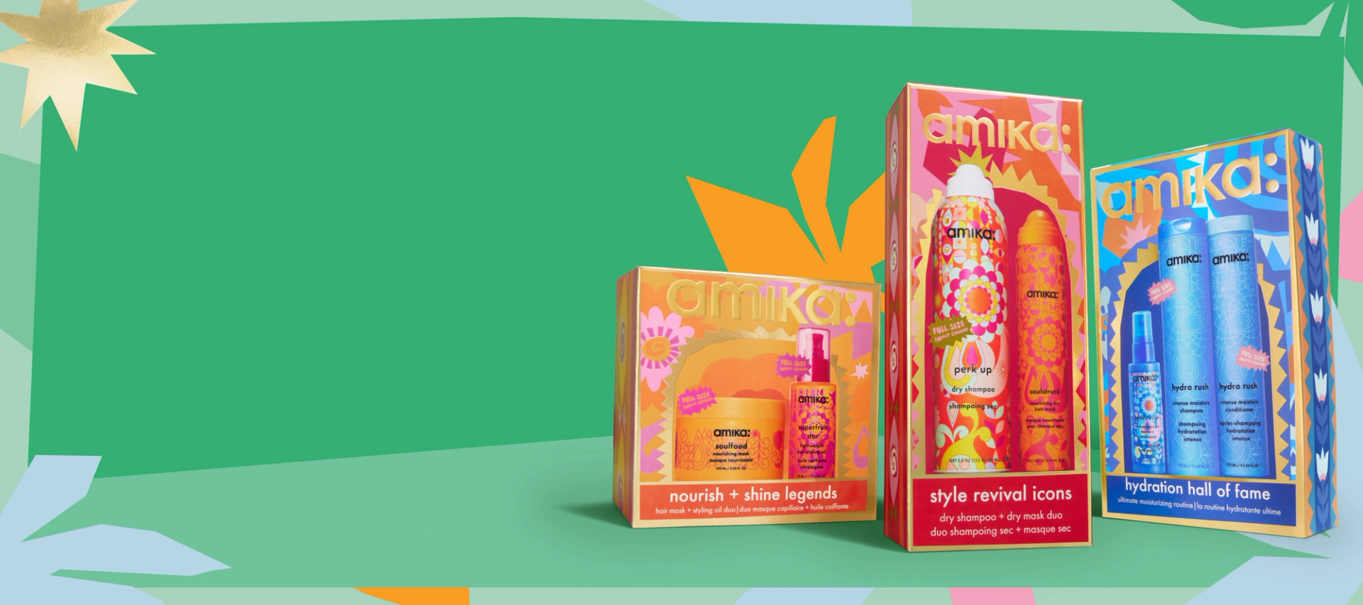 3 amika haircare holiday gift sets sit against a green background and a pastel border with shapes