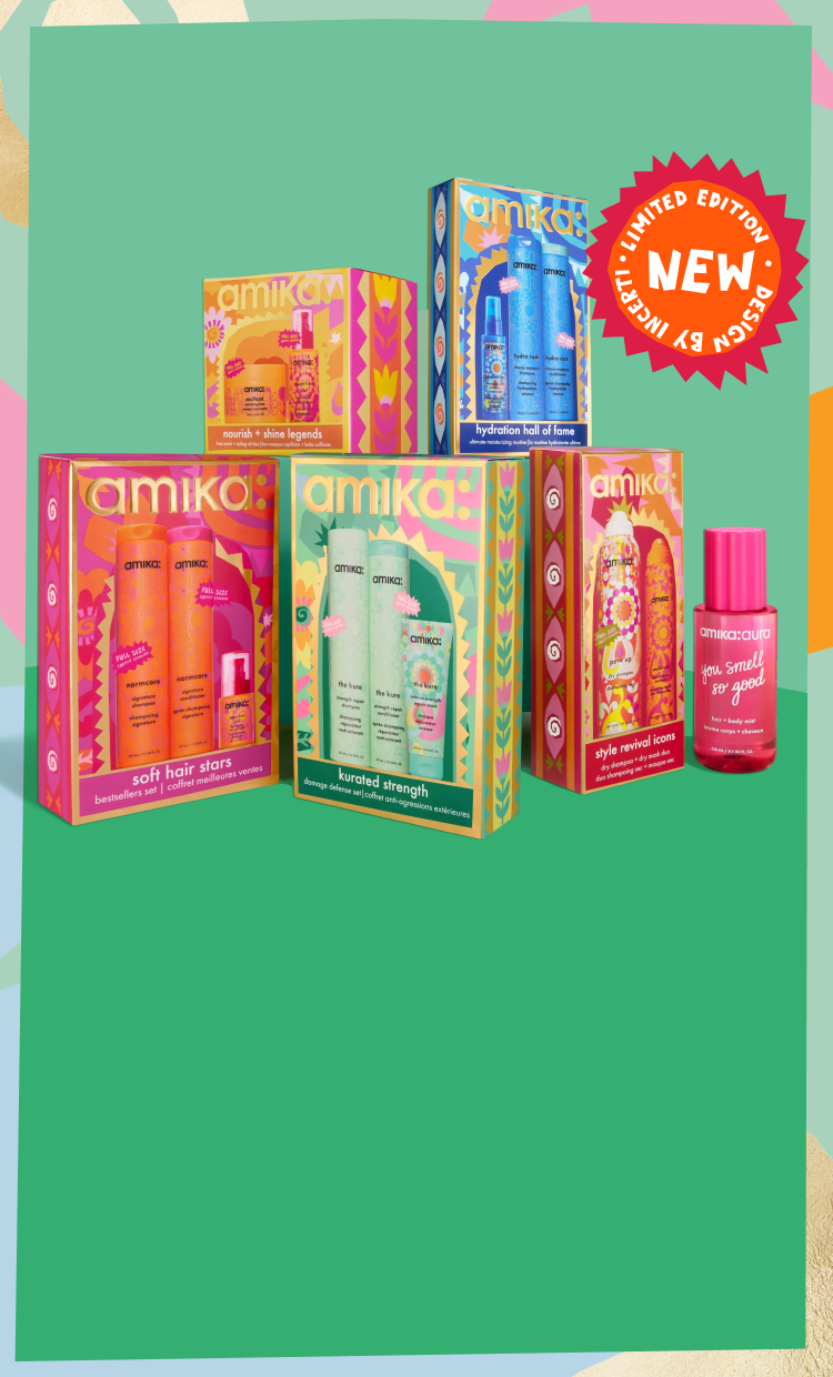 amika limited-edition holiday sets and gifts against a green background. a sticker reads: "NEW: limited edition, design by Incerti"