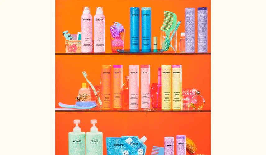 shelfie with amika shampoos and conditioners