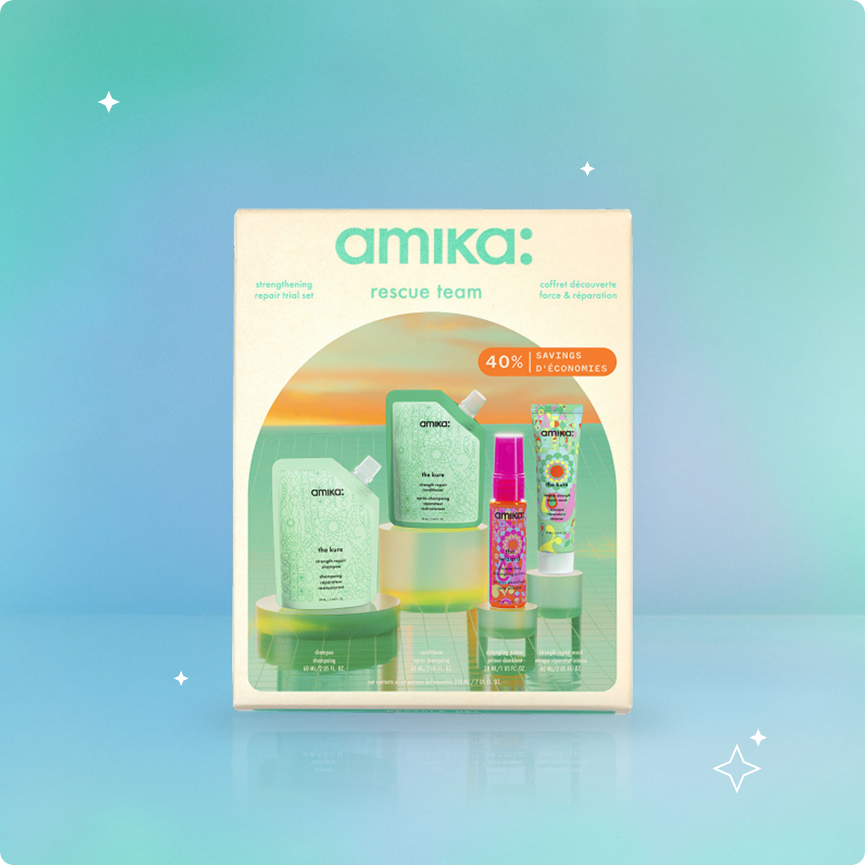 image of amika rescue team repair routine trial set box against a blue/ green background