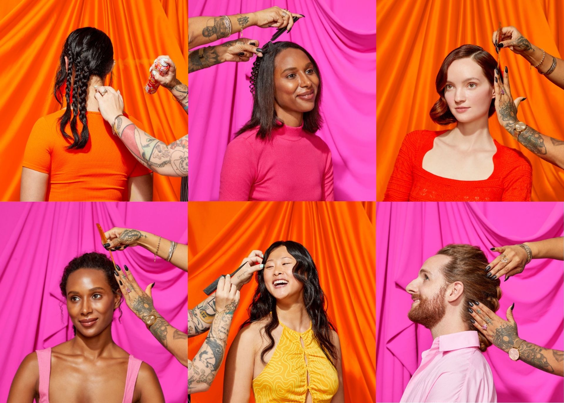 six peoples' hair being styled with amika products