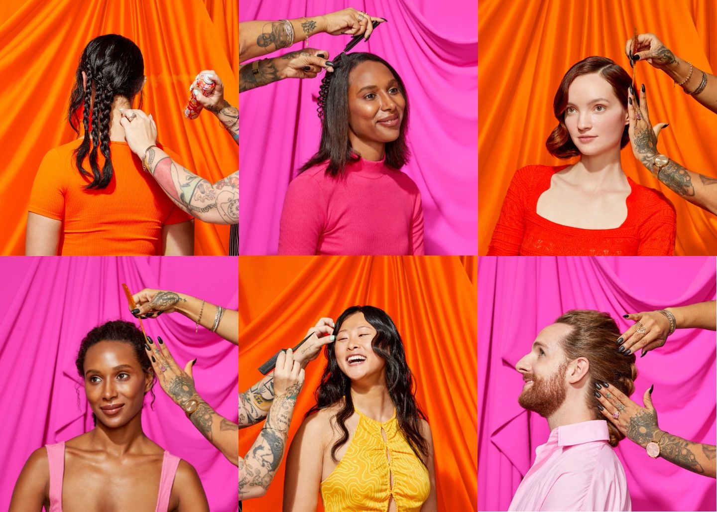 six peoples' hair being styled with amika products