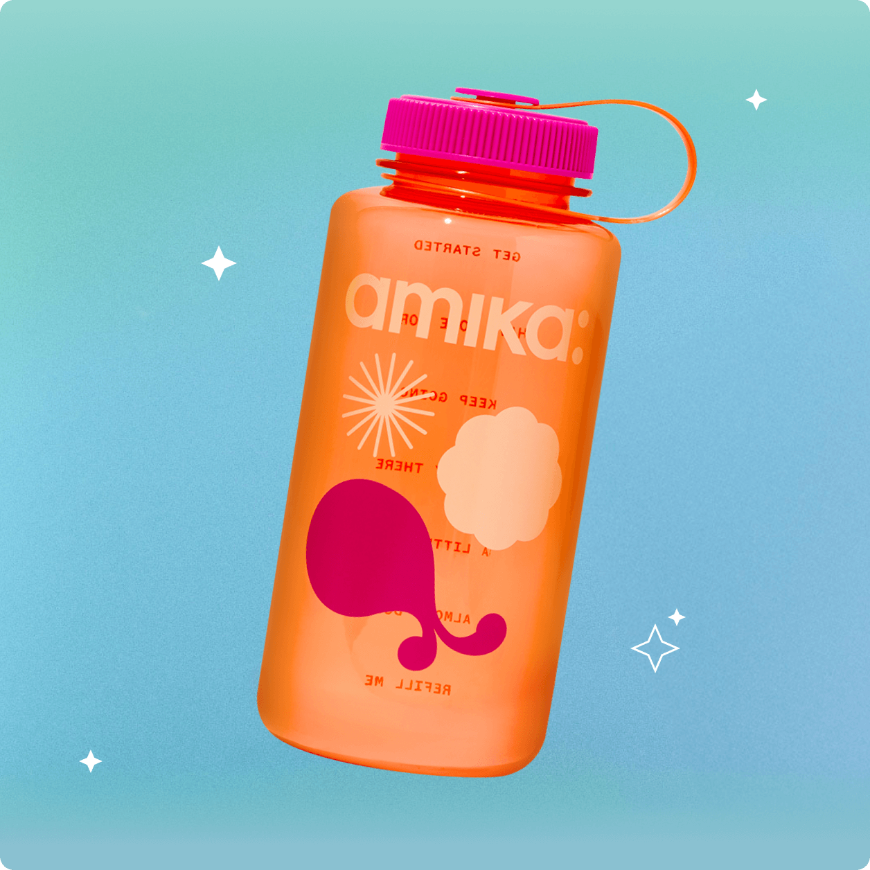 an amika 32-ounce water bottle floats against a light blue background