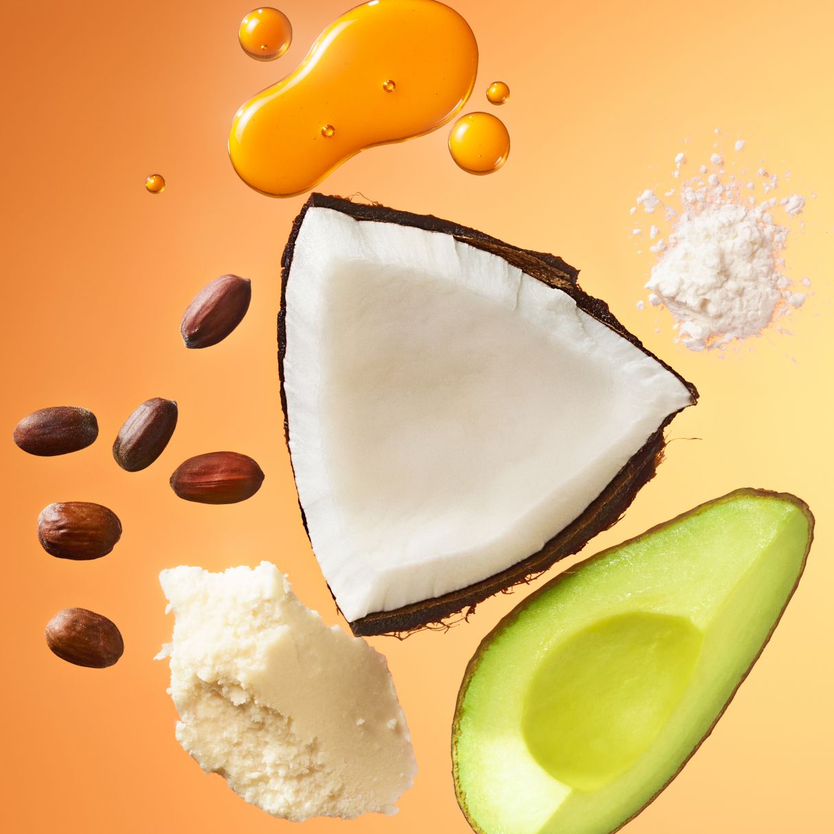 ingredient images of avocado, coconut, shea butter on an orange background