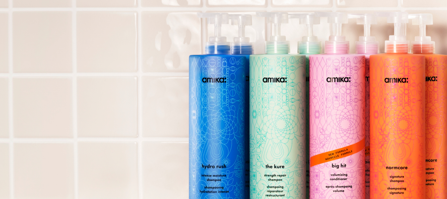 liter-sized bottles of amika shampoos + conditioners