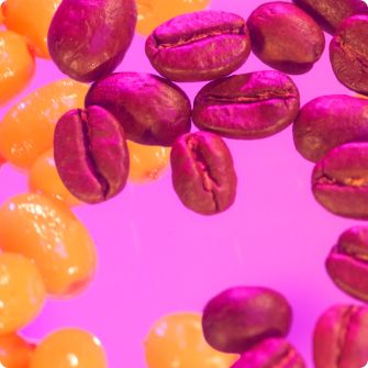 a close-up image of coffee beans and sea buckthorn berries - two ingredients featured in amika's new volume products: big hit shampoo + conditioner, and rising star finishing spray