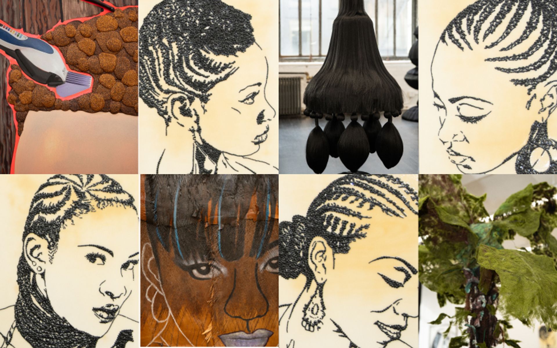 various photos and drawings from the art exhibit: Crowns in Bloom: Celebrating Hair in Contemporary art amika's Crowns in Bloom Curator Auttrianna Ward