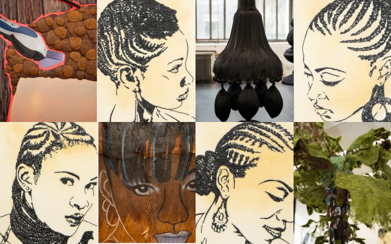various photos and drawings from the art exhibit: Crowns in Bloom: Celebrating Hair in Contemporary art amika's Crowns in Bloom Curator Auttrianna Ward