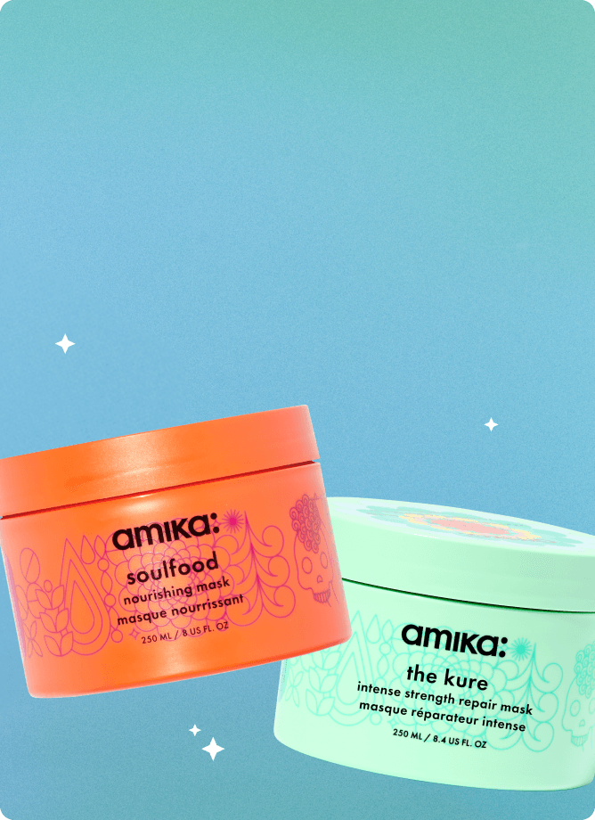 amika soulfood and the kure masks float against a light blue background