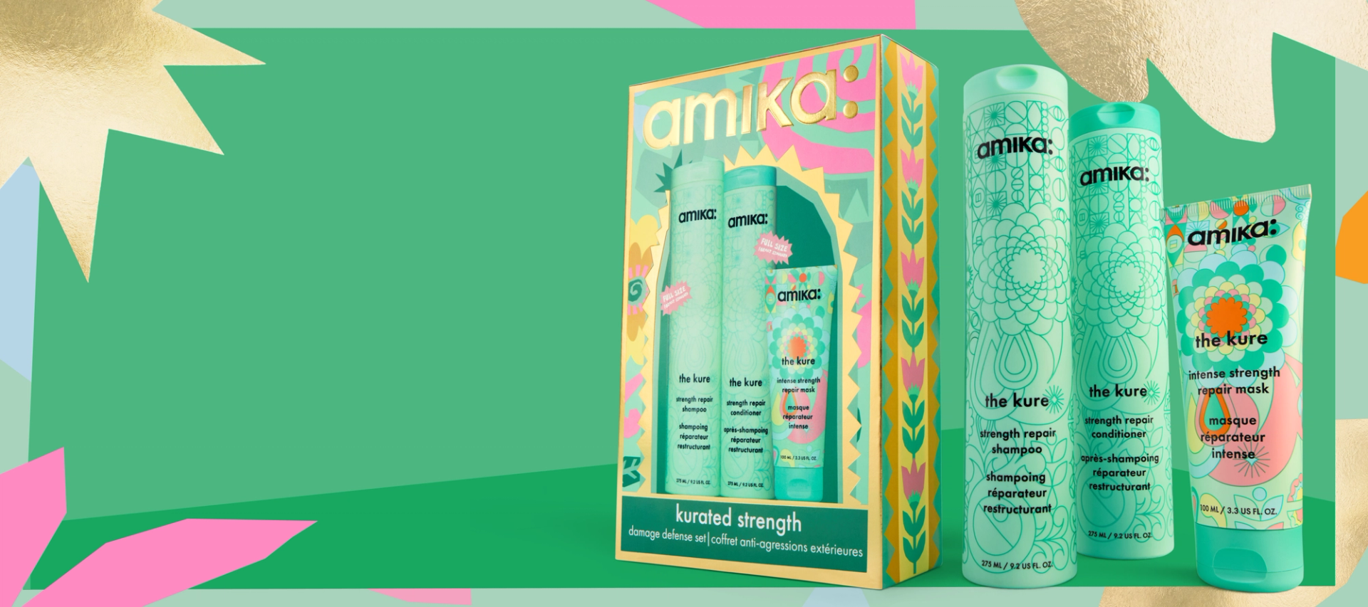 amika kurated strength haircare gift set with a bottle of the kure mask and bottles of the kure shampoo and conditioner. they are set against a green background and a patterned pastel border