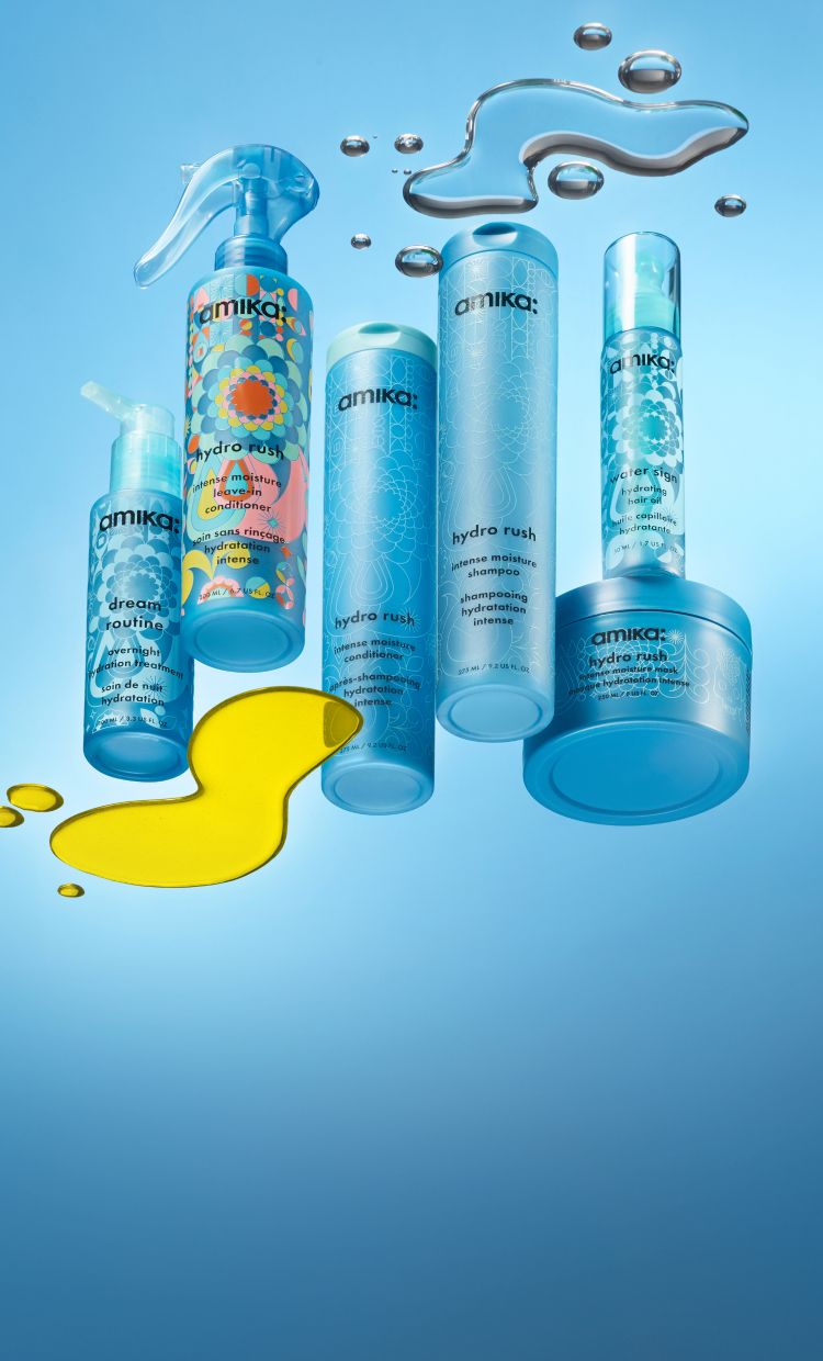 amika hydration collection on a blue background featuring dream routine, hydro rush leave-in, hydro rush shampoo and conditioner, hydro rush mask and water sign hair oil