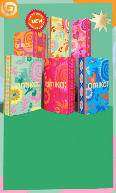 amika limited-edition holiday sets and gifts against a green background. a sticker reads: "NEW: limited edition, design by Incerti"