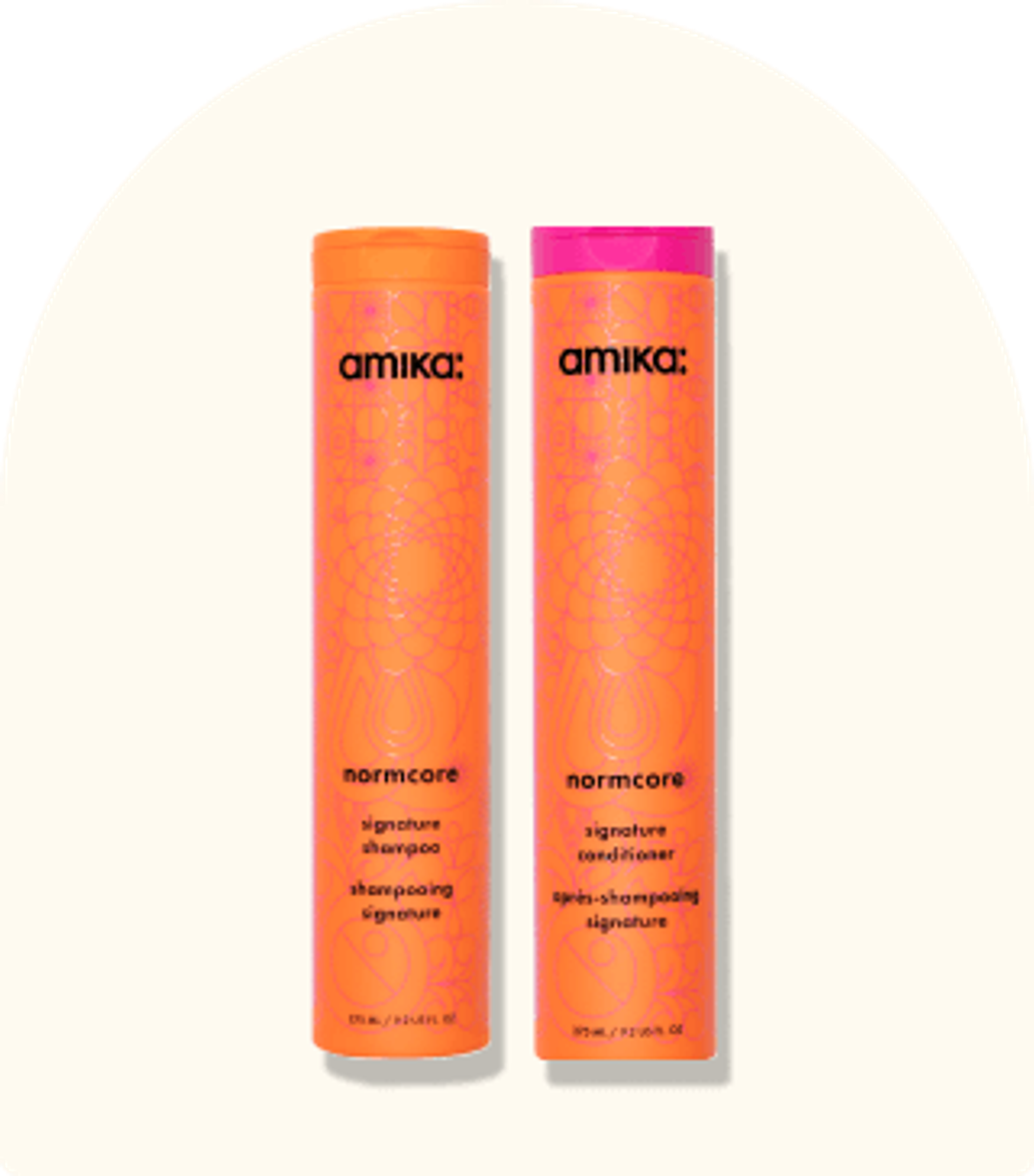 image of the normcore shampoo and conditioner against a beige background.