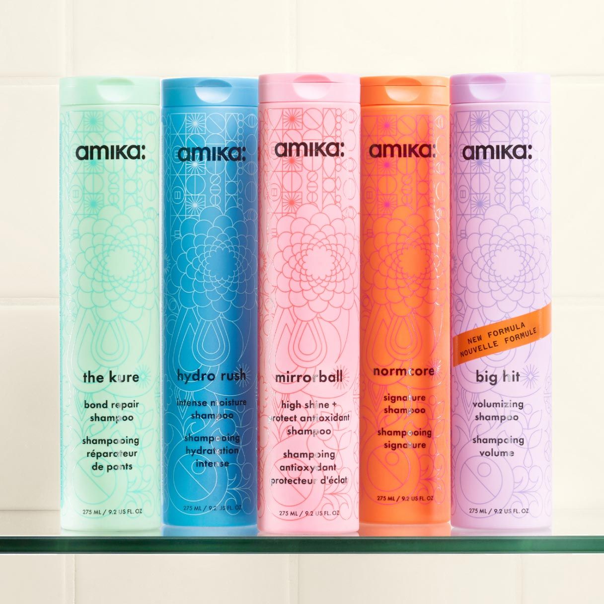 a collection of amika shampoos